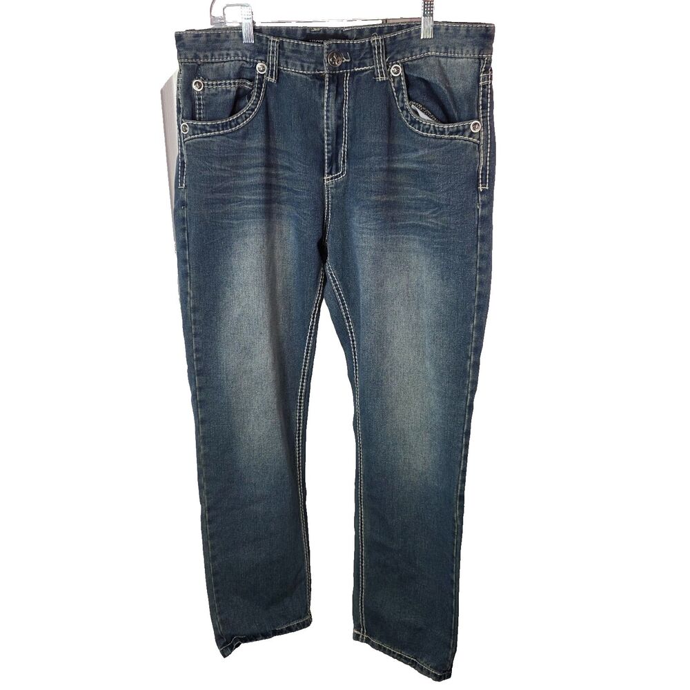 Victorious Y2K Studded Jeans Men’s 38x32 Blue Denim Streetwear Embroidered